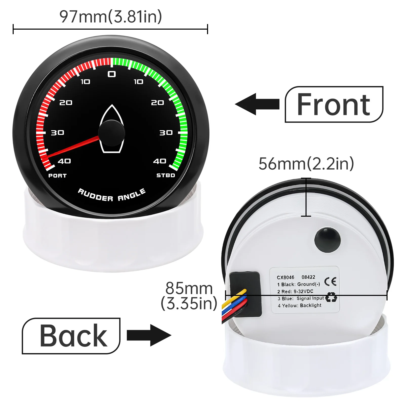 Indicador de ángulo de timón de barco marino resistente al agua HD 85mm PORT-STBD 0-190ohm con Sensor de ángulo de timón para yate de barco marino