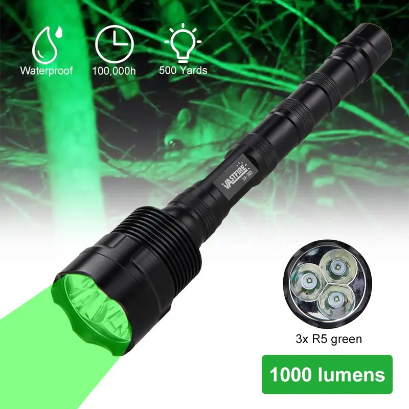 Tactical Green Light Flashlight High Power Long Range 500 Yard LED Torch with Rifle Scope Mount for Night Hunting