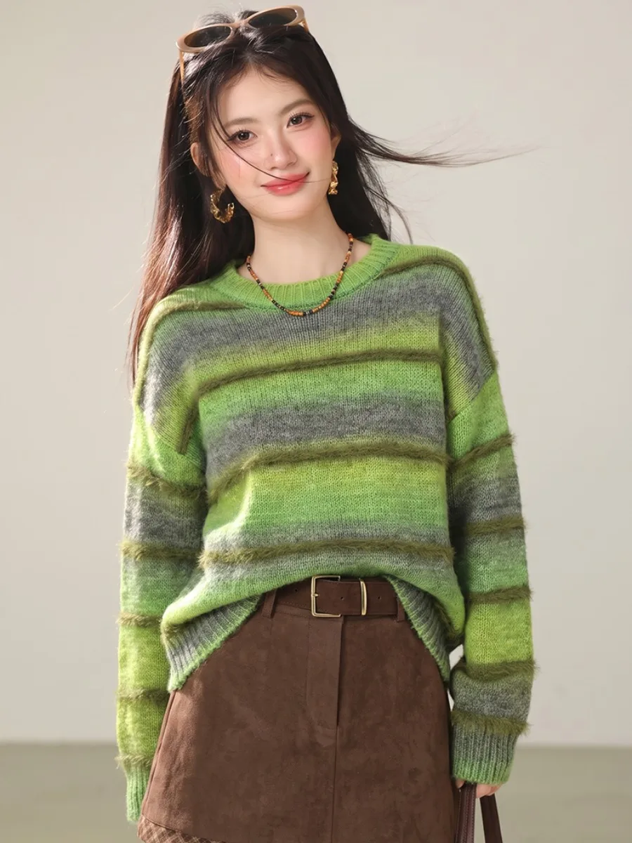 Lush Gradient Color Lazy Style Women's Knitted Sweater Soft Cashmere Long Sleeve round Neck Warm Casual Fashion Autumn Winter...