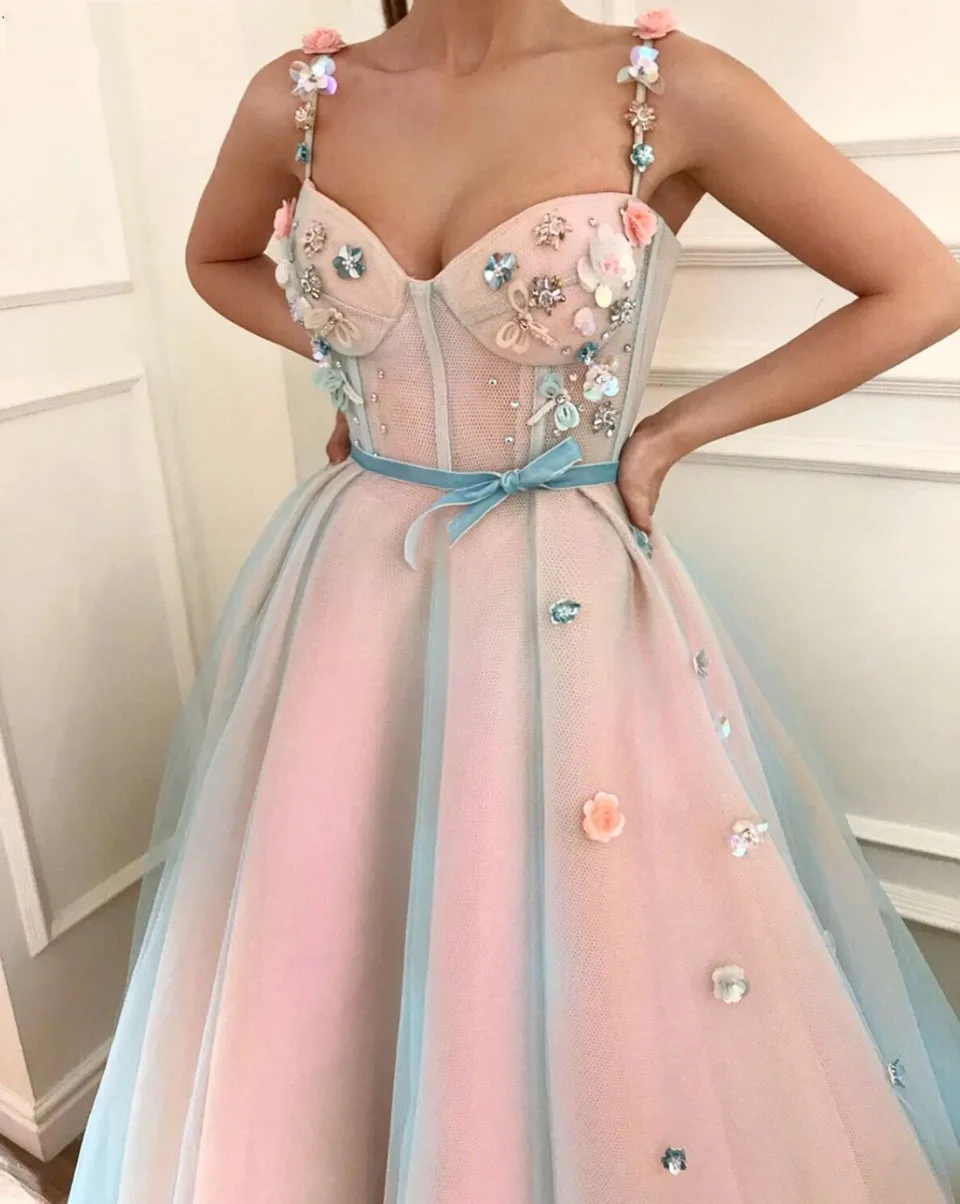 Pink Blue Prom Dresses Women Formal Party Elegant A-Line Appliques Sequins Vestidos De Gala Spaghetti Straps Long Evening Gowns