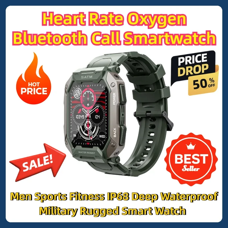 

Heart Rate Oxygen Bluetooth Call Smartwatch Men Sports Fitness IP68 Deep Waterproof Military Rugged Smart Watch