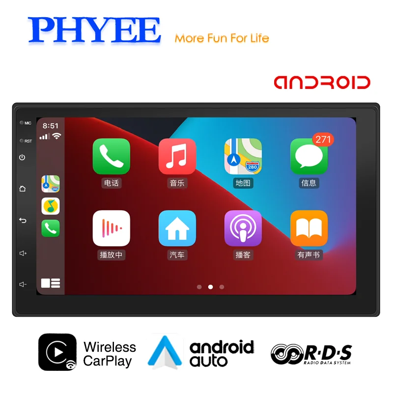 Radio Coche Android 2 Din CarPlay Android Auto, 7 Pulgadas Pantalla Reproductor Multimedia, Bluetooth, Manos Libres, AM, FM, RDS, Wifi, USB, A2