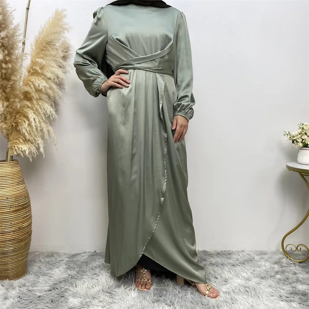 UNI-vestidos árabes musulmanes para mujer, vestido largo De satén De manga larga, bata De noche envolvente De Color sólido, vestido De fiesta para graduación
