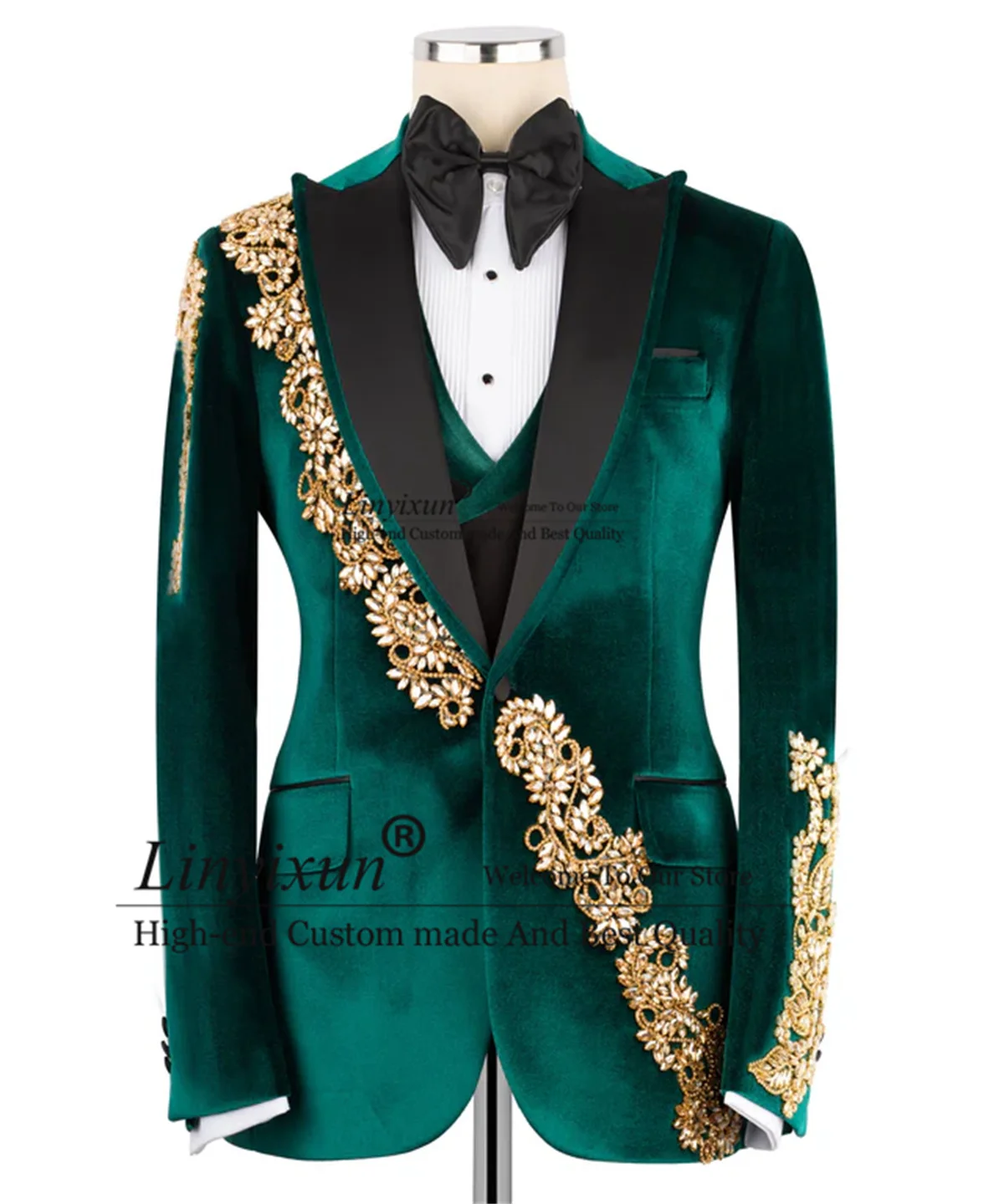 

Luxury Ornament Rhinestones Men Suits Fashion Velvet Costume Homme Customized Wedding Tuxedos 3 Pieces Sets Party Groom Blazers