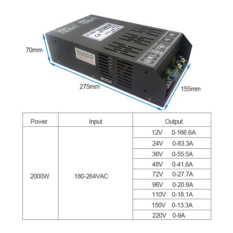 2000W Adjustable Switching Power Supply with External Control AC 180-264V to DC 0-12V 24V 36V 48V 60V 72V 80V 110V 220V 300V 400