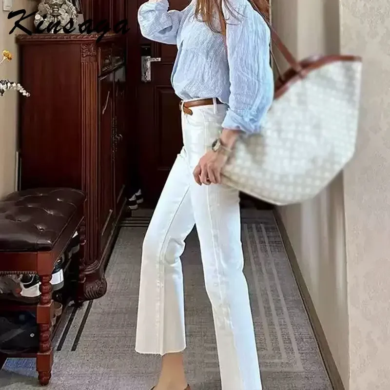 Kinsaga White Micro Flare Capris Jeans Women Petite Girls High Waist Stretchy Cigarette Pants Pear Shape Slimming Pants