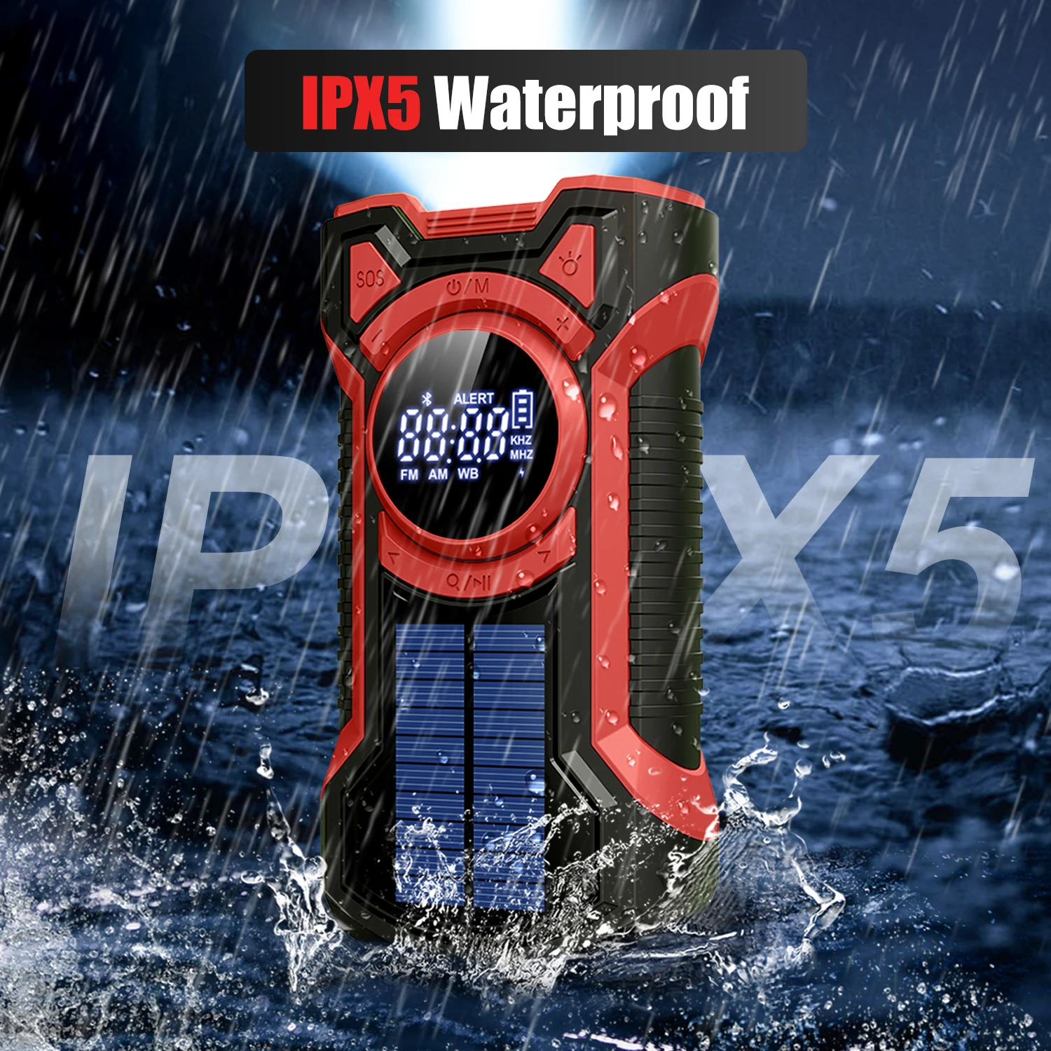 IPX5 Waterproof Emergency Radio,Bluetooth AM/FM/BT/SOS NOAA Weather Radio, 5000mAh  Hand Crank Solar Phone Charger  Flashlight