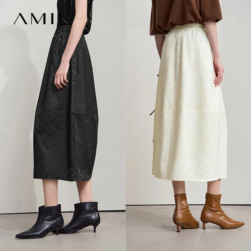

AMII 2025 New Arrival Autumn Quiet Luxury Style Women Skirts Elastic Waistband Loose Elegant Solid Lantern Dress 12523032