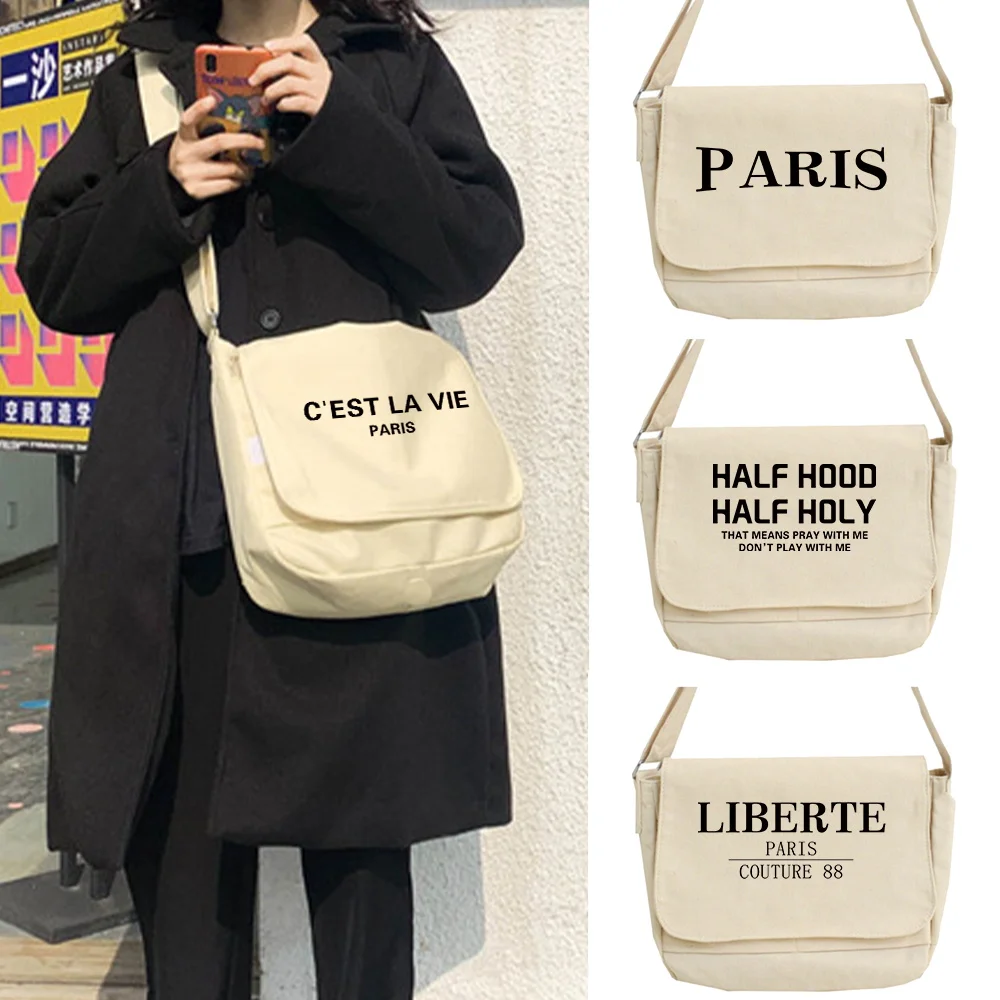 2024 Canvas Crossbody Bag Korean Casual Shoulder Packet Text Print Postman Case Travel Large Capacity Organizer for Women Bags