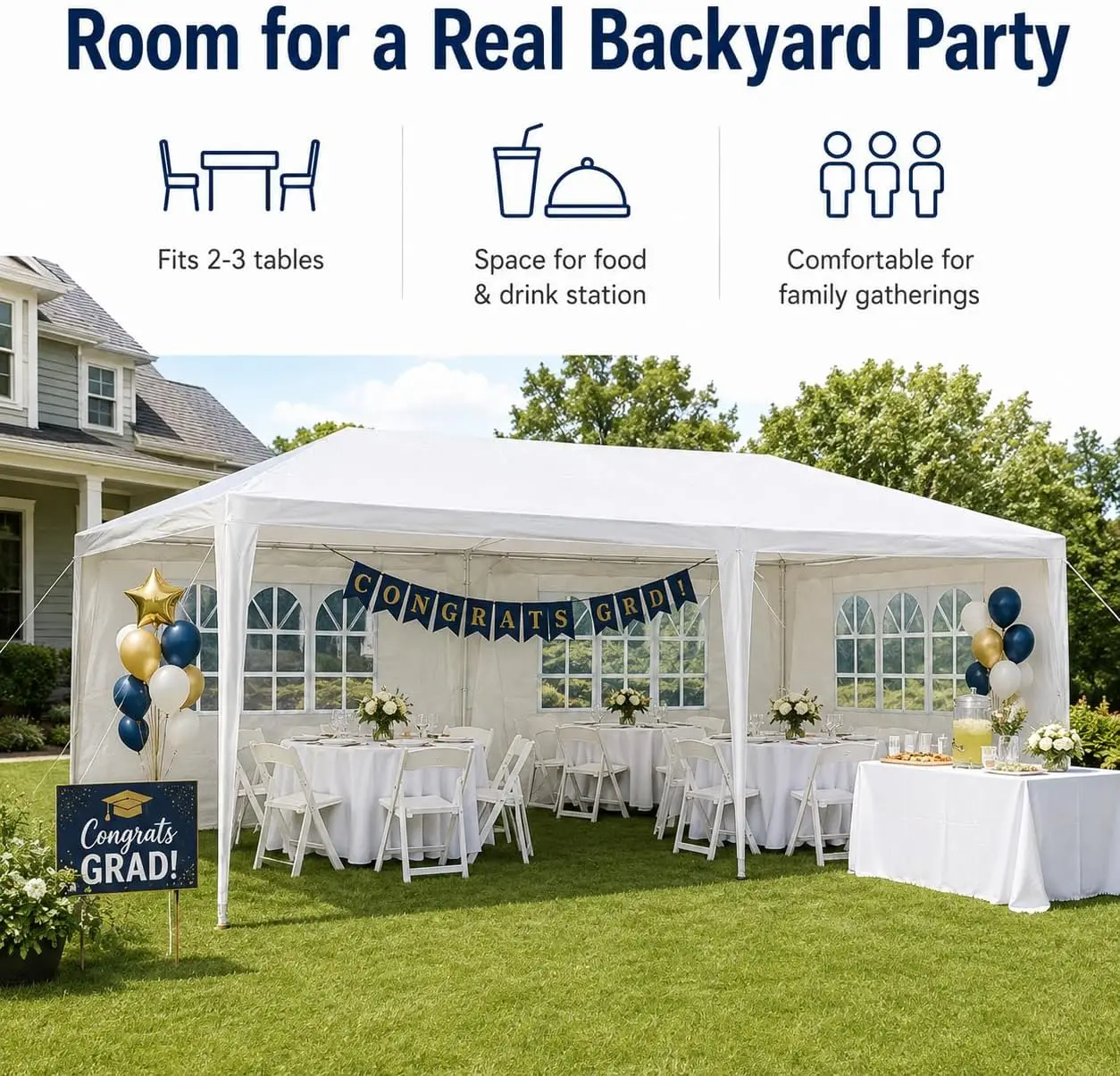 10 X 20 FT Outdoor Party Canopy Tent in White, with Removable Window Sidewalls, Ropes, and Stakes — Ldeal for Backyard Events, Weddings, Graduations, Picnics, and Outdoor Dining.