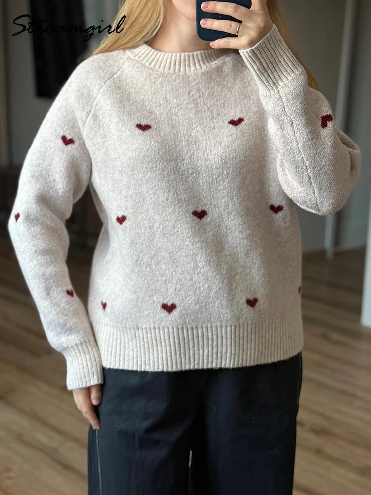 Streamgirl Grey Sweaters For Women Knitted Pullover Thick Raglan Sleeve Warm Jumpers Ladies Women's Burgundy Sweaters With Heart