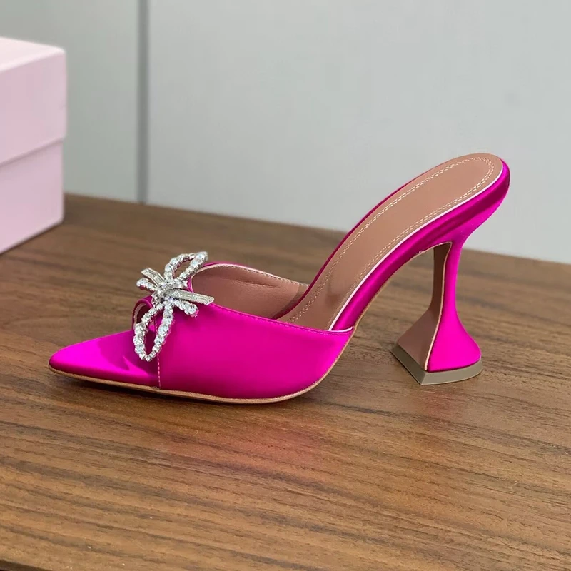 Cup High Heel Slippers Women Shiny Rhinestone Bow Decor Silk Satin  Pointed Toe Sandalias De Muje Summer Party Banquet Shoes