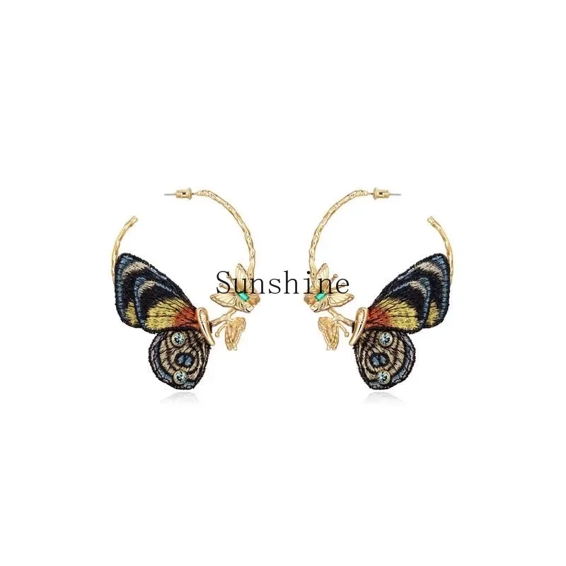 

Embroidery butterfly temperament ring stud earrings women's niche earrings