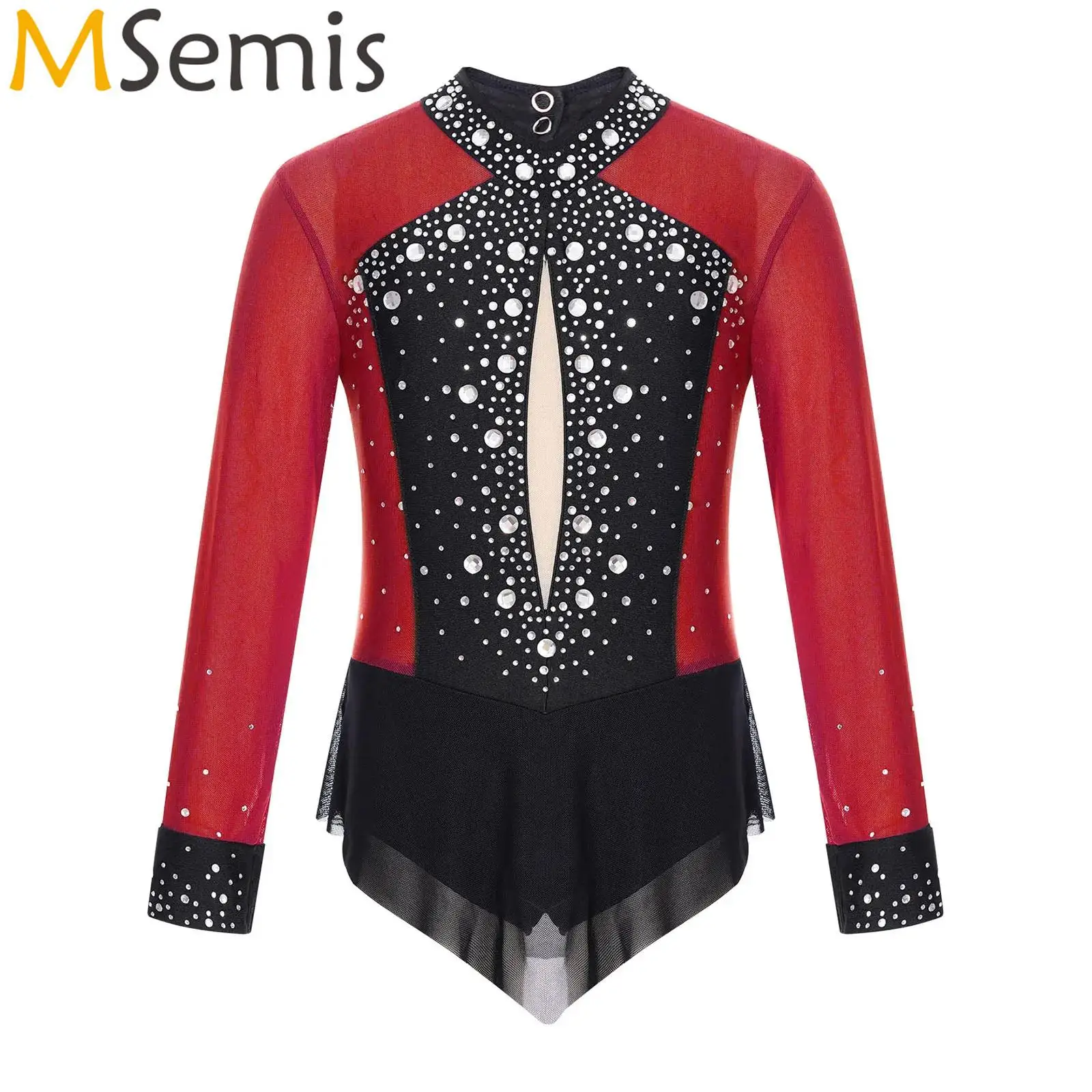 

Kids Girls Sparkly Rhinestones Figure Skating Rhythmic Gymnastics Ballet Leotard Costume Color Block Sheer Mesh Skirted Bodysuit