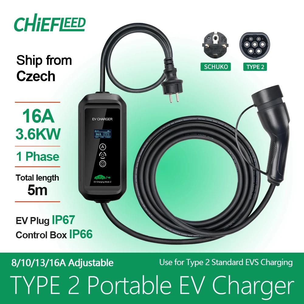 Chiefleed 16A 1Phase 3.6kw Type 2 Portable EV Charger EU Schuko Plug for Type2 EVS Charge 220V 8/10/13/16A Adjustable 5m Long