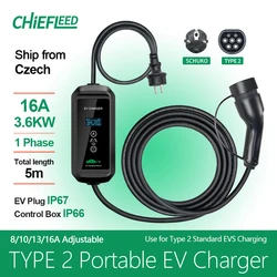 Chiefleed 휴대용 EV 충전기, 타입 2 EVS 충전용 EU 슈코 플러그, 1 상, 3.6kw, 타입 2, 220V, 8, 10, 13, 16A, 5m 길이 조절 가능