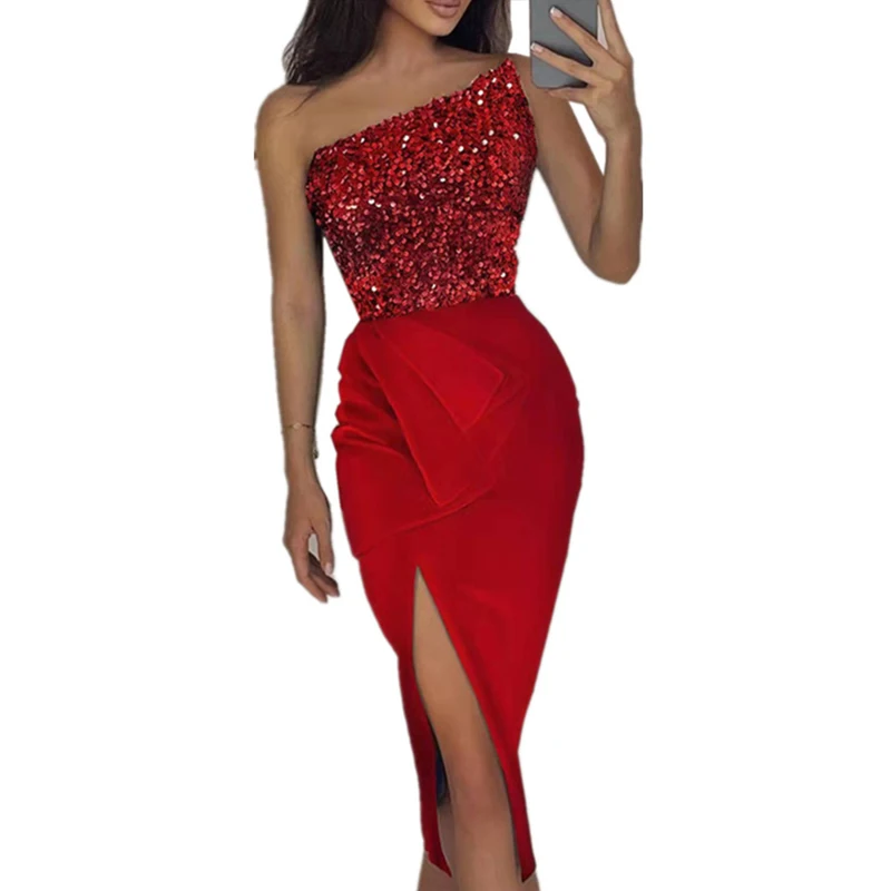 OMSJ Elegant Dresses For Women Shiny Sequins One Shoulder Side Slit Mid-length Backless Off-shoulder Slim High-waist Party Dress