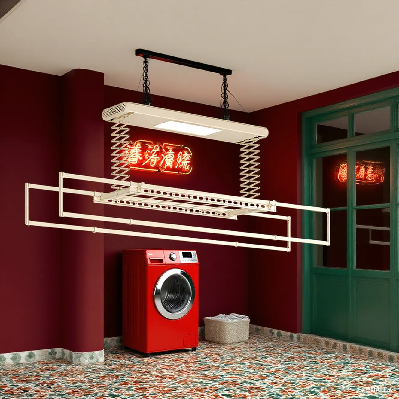 Rack de secagem de teto de varanda integrado ultrafino com operação inteligente ativada por voz