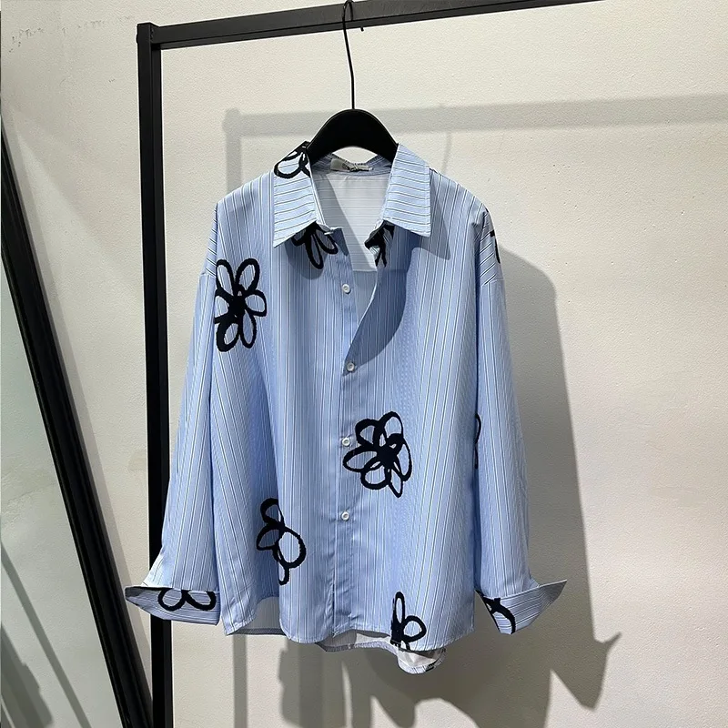 

Мужская дизайнерская полосатая рубашка с длинными рукавами и принтом граффити, популярный нишевый красивый топ в стиле ретро