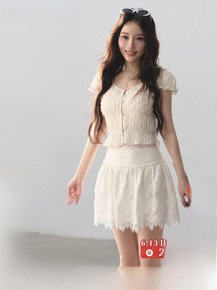 

Sweet White Top Skirt Set LulusMiracle Asian Pear Design Anti-Aging Fashionable Polyester Fiber Short Sleeve Button Style