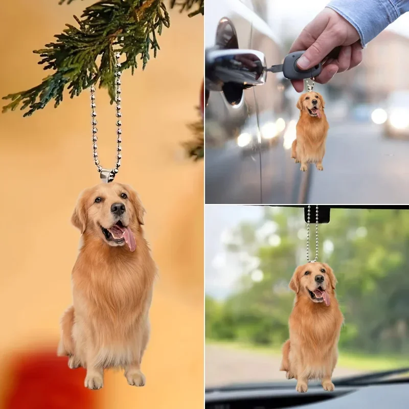 Golden Retriever Versatile specchio per auto e portachiavi Zaini con ciondoli Cane acrilico Ornamento da appendere Decorazioni e regali per animali