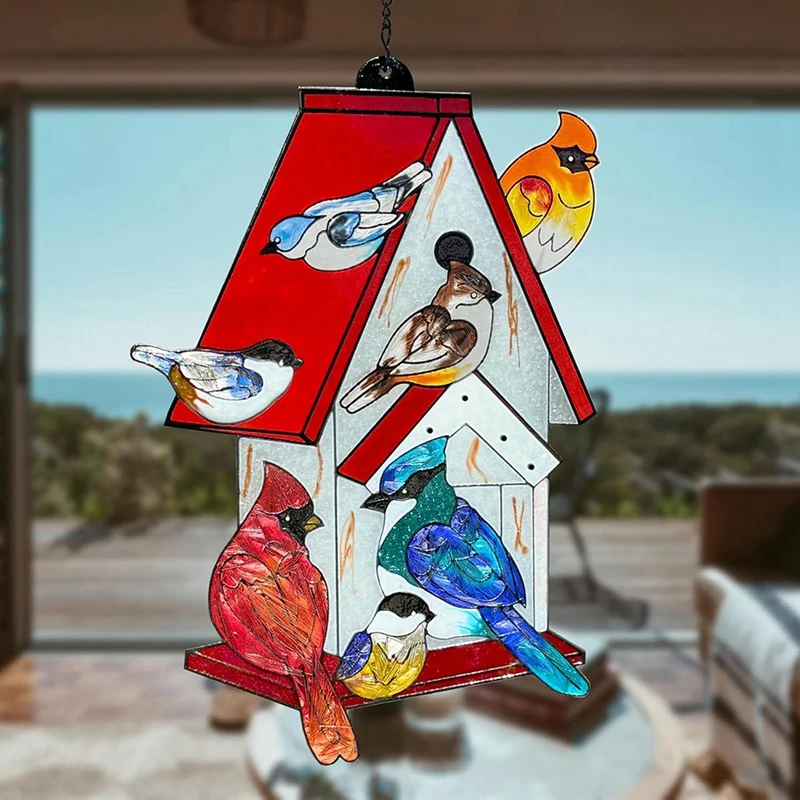 Stained Glass Window Hanging - Sun Catchers Indoor Window Cardinal Gifts,Hand-Painted Stained Glass Birdhouse Suncatcher