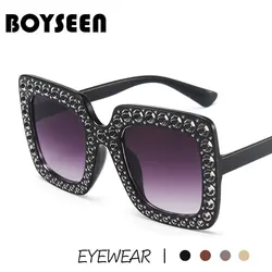 BOYSEEN Crystal Oversized Sunglasses for Women Rhinestone Square Diamond Sun Glasses Retro Big Frame Sparkling Glasses UV400