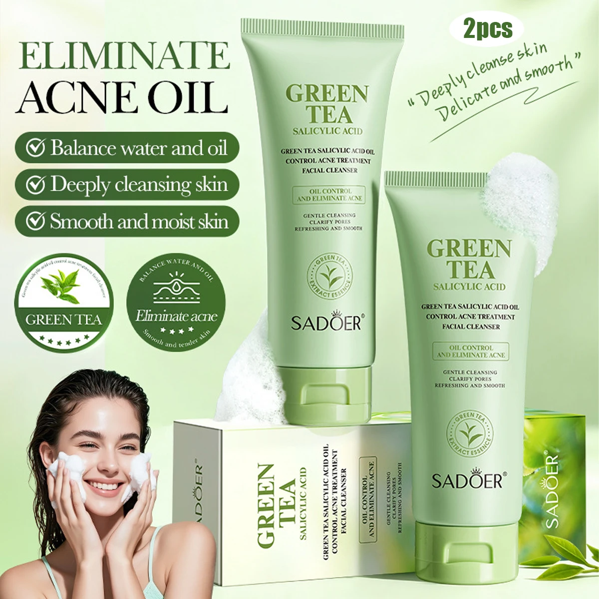 Green Tea Salicylic Acid Oil Control Acne Cleansing Milk 100g Facial Cleanser