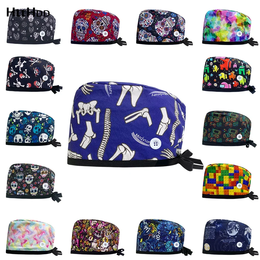 Wholesale Cotton Fashion Skull Cartoon Print Hats Scrubs Work Cap Beauty Salon Nursing Caps Male Surgical Hat Nurse Accessories