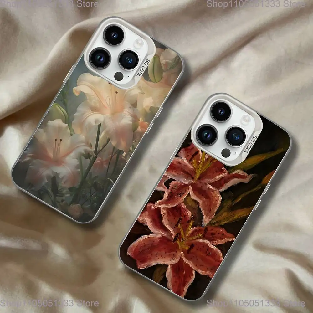 

Oil Painting Lily Flower Retro Pattern Phone Case For iPhone 16,15,14,13,12,Pro,XS,Max,Plus White Candy Matte Shockproof Cover