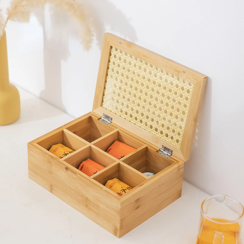 

2025 New Japanese Style 4/6 Grid Wooden Tea Bag Storage Box, Office Desktop Storage Rack, Tea Bar Storage Rack with Lid