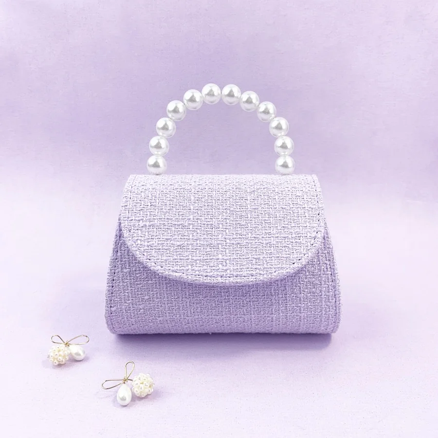 

Lavender Tweed Pearl Handle Mini Crossbody Bag - Elegant Purple Tweed Clutch with Detachable Chain, Ideal for Party & Wedding