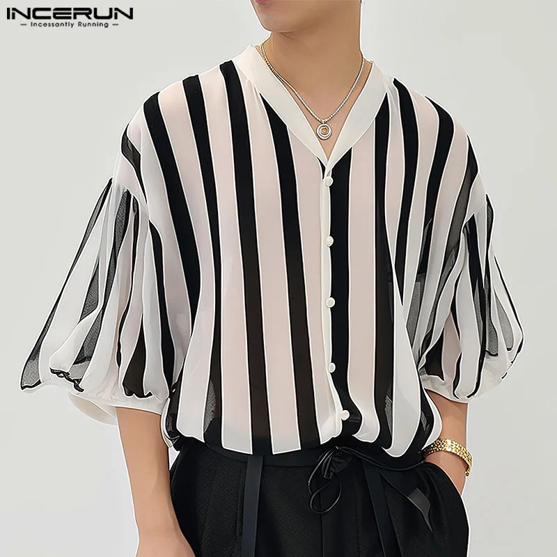 INCERUN Tops 2024 Korean Style Men\'s Black&White Chiffon Striped Shirts Casual Street Simple V-neck Medium Sleeved Blouse S-5XL