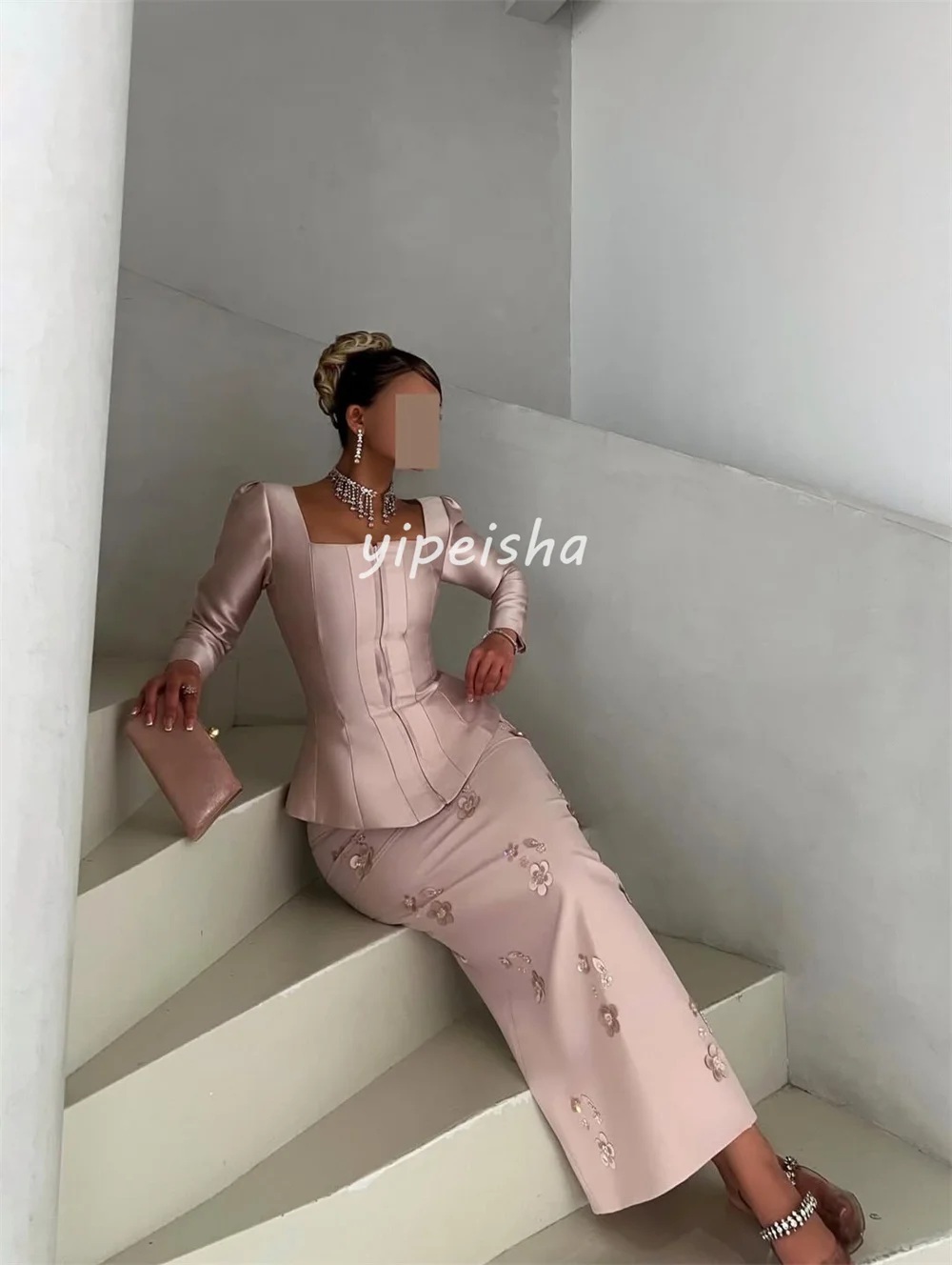 Personalizzato squisito retro piega fiore che borda paillettes dritto collo quadrato abiti midi abiti da sera taglie disponibili sexy