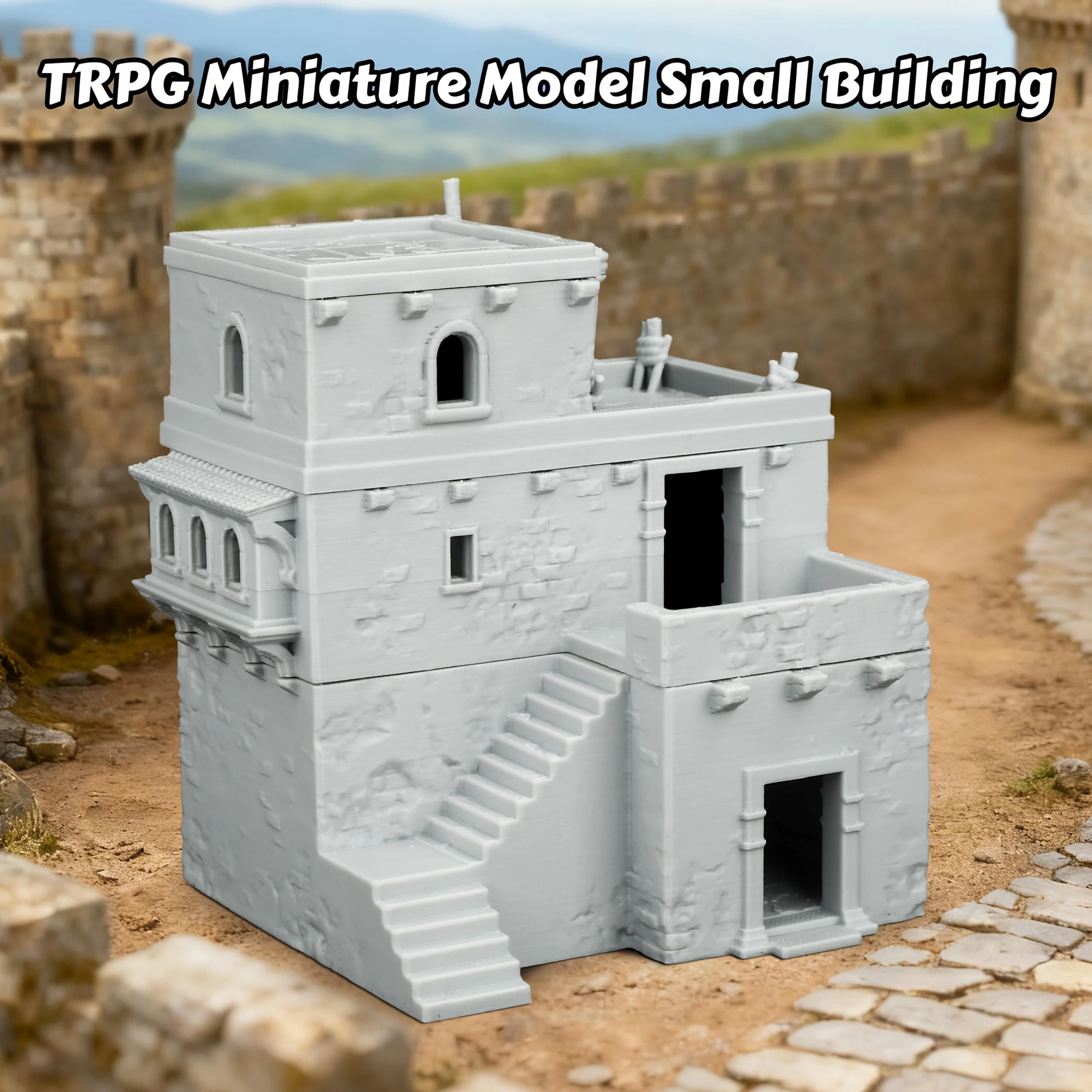 Bâtiment miniature TRPG - Maison en pierre avec balcon et escalier, maison en pierre pour scènes de 