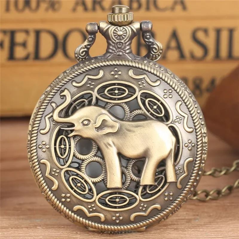 

Lovely Hollow Elephant Design Half Hunter Quartz Analog Pocket Watch for Men Women Sweater Necklace Chain Arabic Number Clock