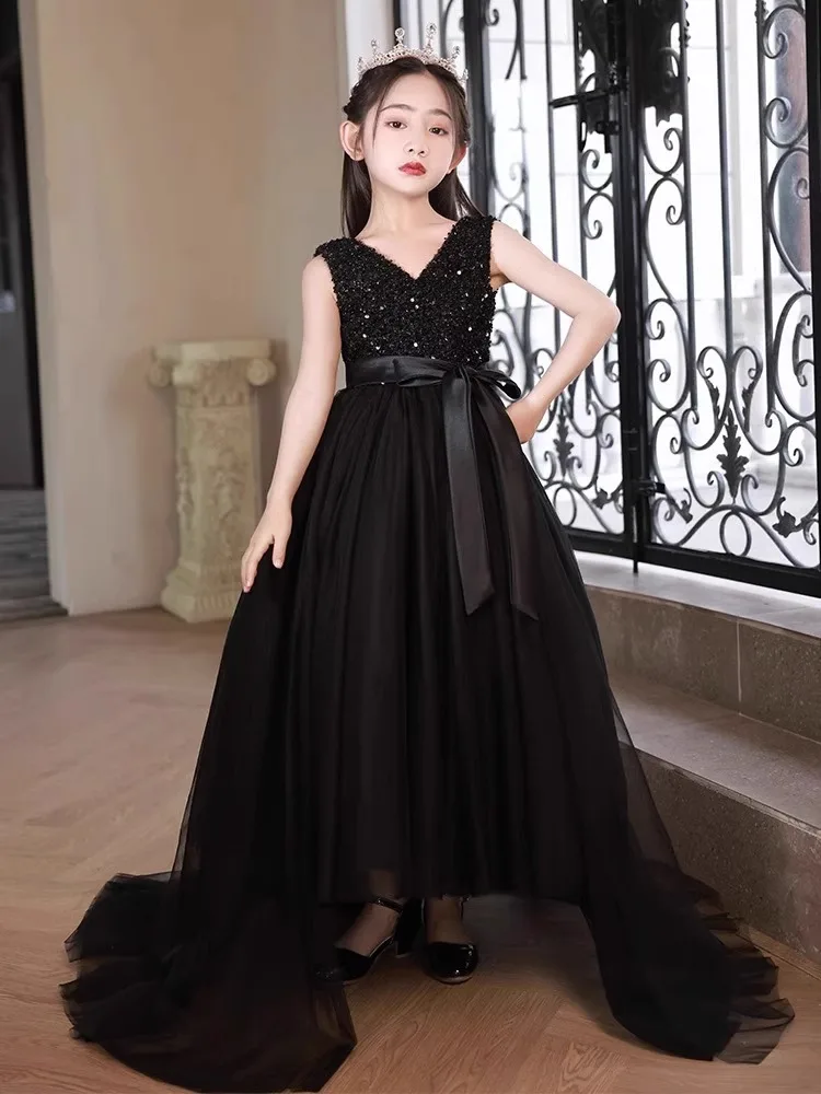 Customized Black V Neck Baby Flower Girl Dresses Sequins Tulle Children Wedding Birthday Prom Party Gowns