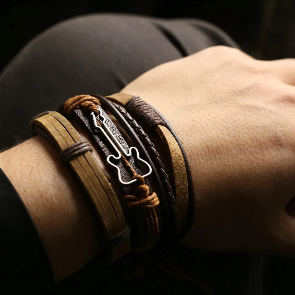 3 Pcs/set Vintage Khaki Punk Guitar Tree Cross Feather Charm Men Genuine Leather Bracelets For Women Homme Jewelry