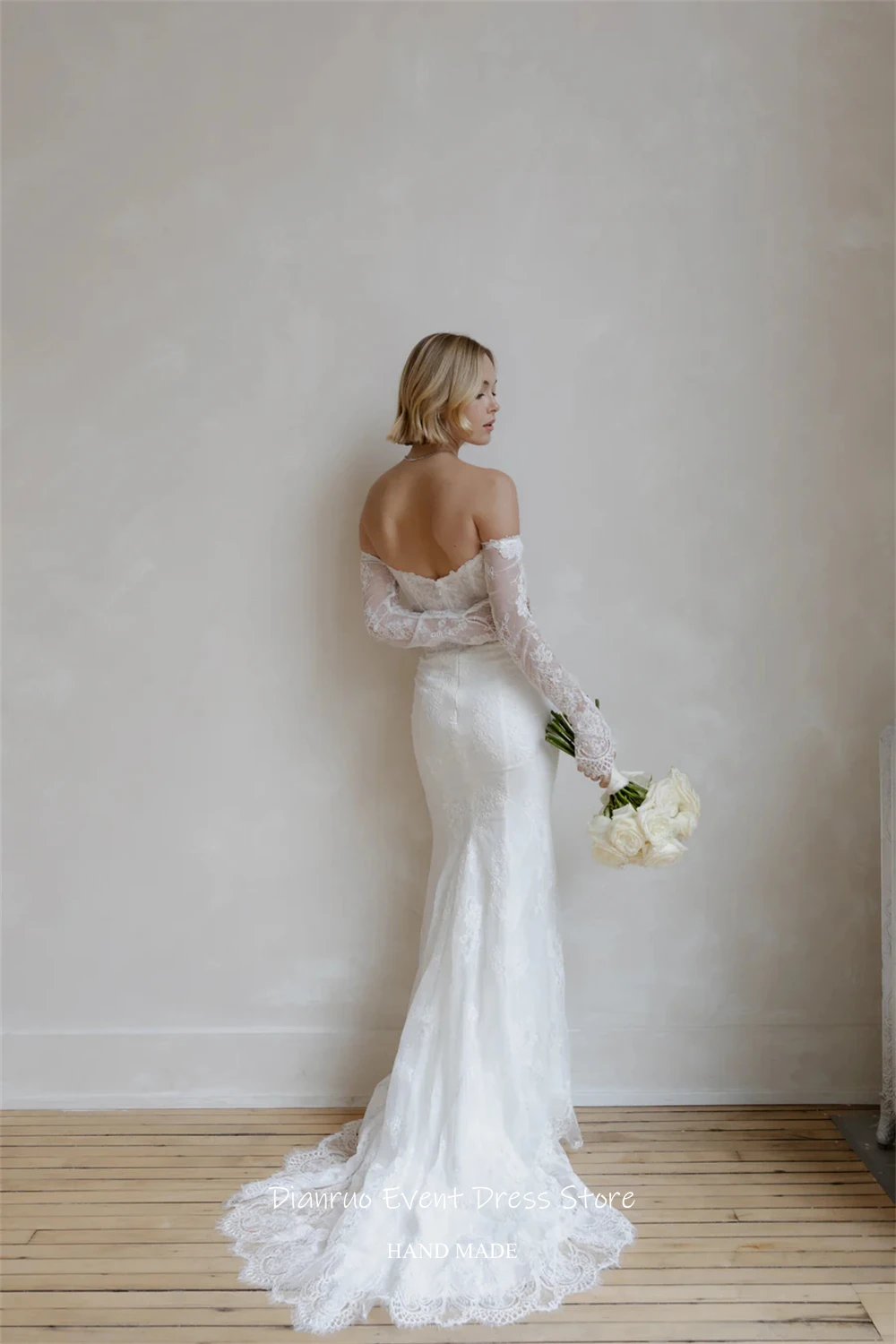 Dianruo Bodenlangen Handgemachte Hochzeit Kleid Meerjungfrau Vestido Novia Weg Von Der Schulter Applikationen Zivil Robe De Mariée Angepasst