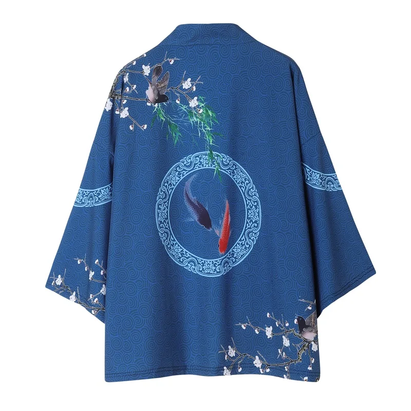 

Samurai Summer Men Beach Kimono Blue Carp Print Cardigan Women Japanese Haori Yukata Shirt Blouse Cosplay Clothes