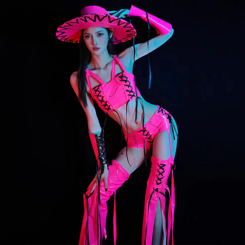 الفلورسنت الوردي الجلود الهذيان الزي مثير القطب ملابس الرقص النساء جوجو راقصة زي عرض مسرحي الهذيان الملابس كلوبوير XS7494