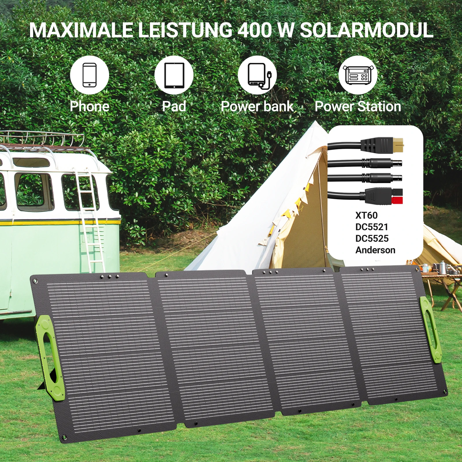 Pannello Solare Portatile Pieghevole da 400W con Connettori Multipli, Caricatore Solare Leggero e Impermeabile per Stazioni di Energia, Camper e Escur