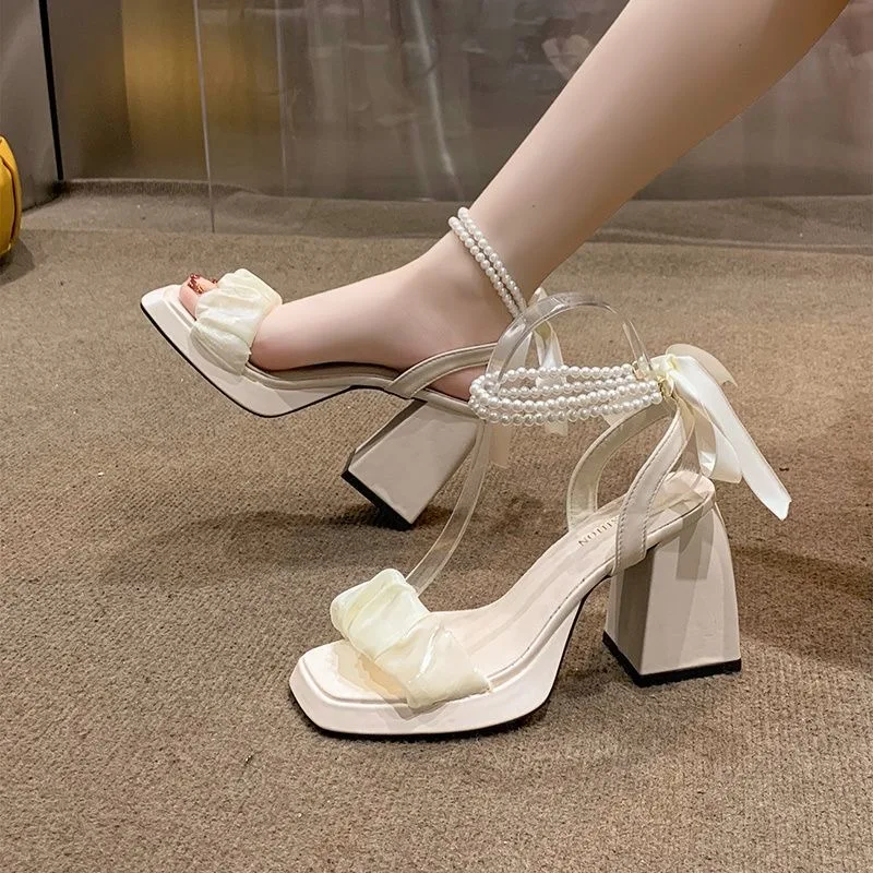 Comfortable Shoes for Women Fashion Pearl Sandals Female Block Heel Sandalias 2024 New Arrival Chunky Sexy Hight Heels