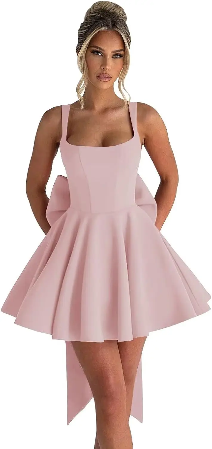 Vestido corto juvenil de regreso a la escuela, minifalda de satén de corte A con lazo, vestido de baile, vestido de noche elegante para mujer, vestidos de cóctel 2025