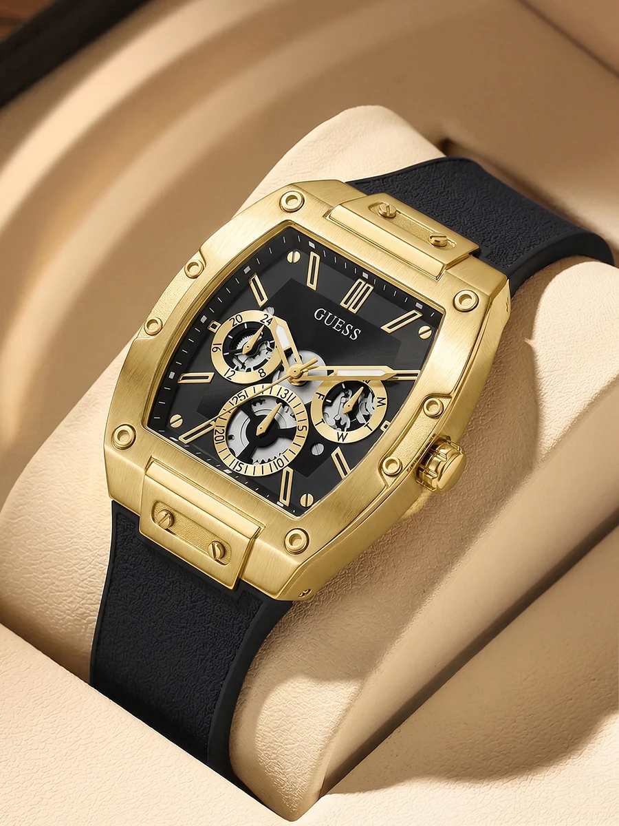 Reloj GUESS para Hombre, Dorado, Esfera Esqueletizada, Multifunción, Correa de Silicona Negra, Reloj de Cuarzo de Lujo, Regalo Genial para Amigos, para Negocios o Fiestas