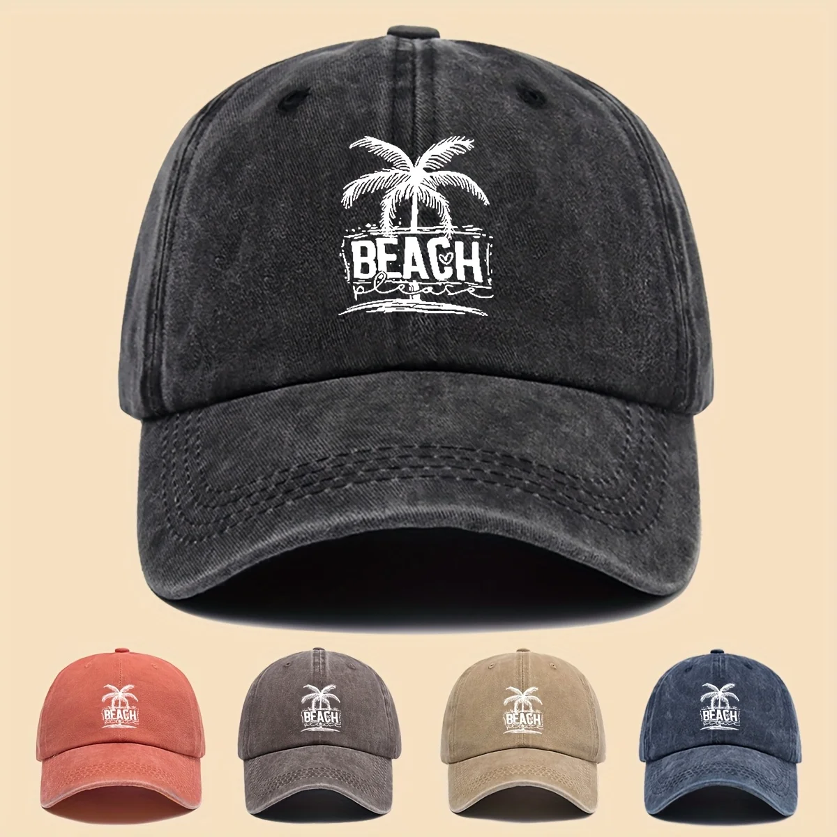 Custom Cap 1pc Unisex Washed Baseball Cap/Cool & Breezy/Tropical Palm Tree And Beach Print/Adjustable For Couples/Perfect