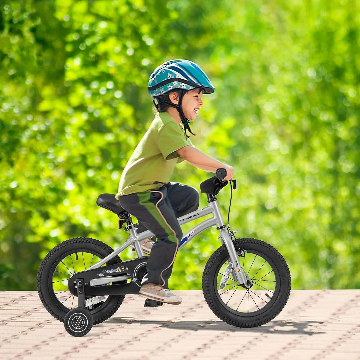 Outer Space kinderfiets, 14 16 18 inch sportfiets voor 3-8 jaar oud met verstelbaar zadel, zijwieltjes, verbrede band, handbeha
