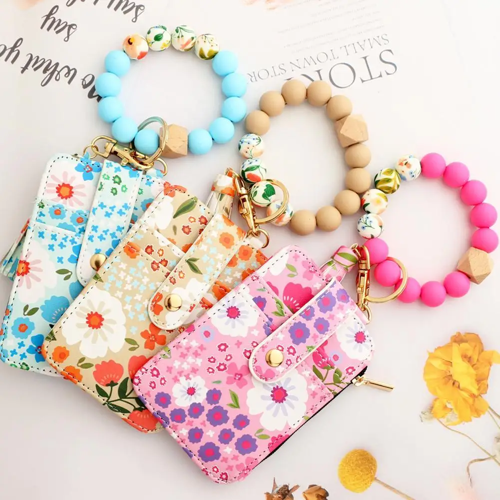 Multicolor Flower Cartoon Ladies Fashion Coin Purse With Silicone Bead Credit Card Holder Keychain Wallet For Women Purse Wallet