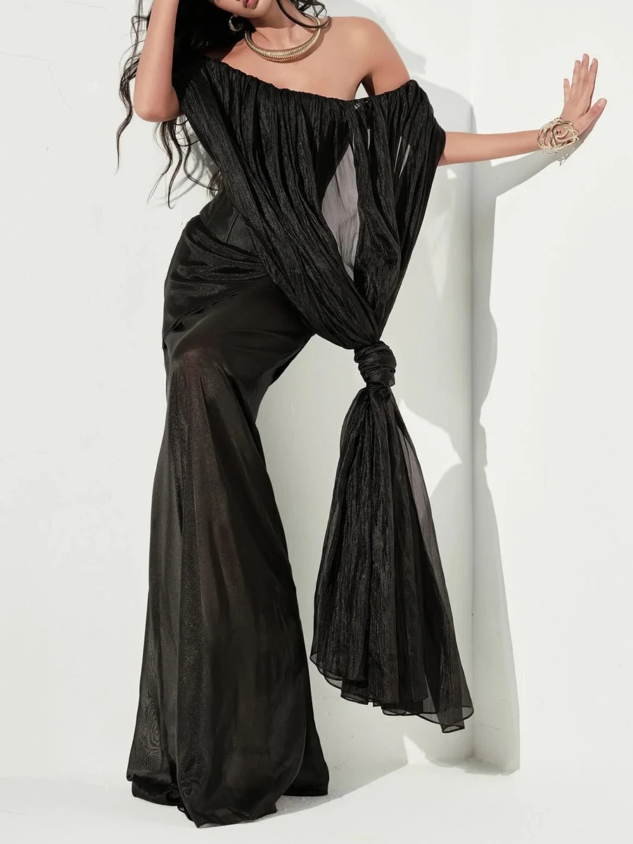 TWOTWINSTYLE Solid Sheer Spliced Folds Elegant Dresses for Women Slash Neck Long Sleeves Temperament Dress Female Clothing New