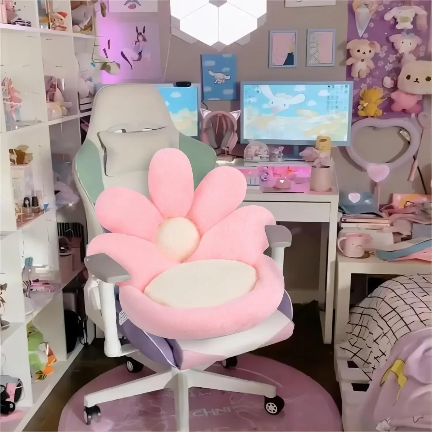 Cute Flower Shape Plush Chair Cushion with Backrest，Comfortable Fluffy Seat Cushion for Sedentary Soft Seat Pad Comfy Lazy Sofa